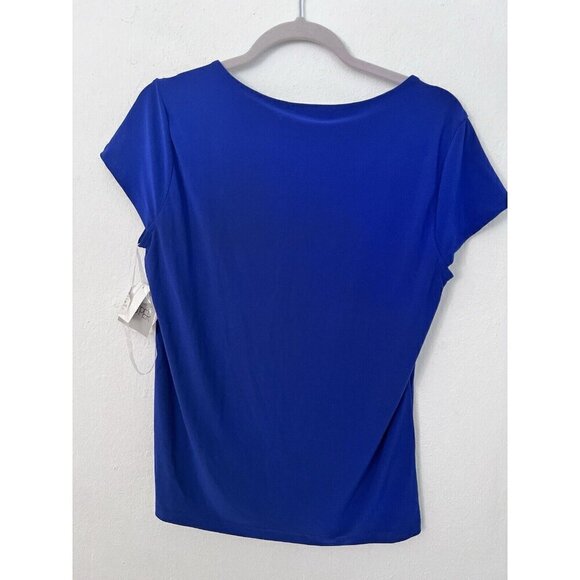 Kasper Cowl Neck Blouse Top Short Sleeve Royal Blue Stretch MEDIUM NEW - Picture 10 of 10